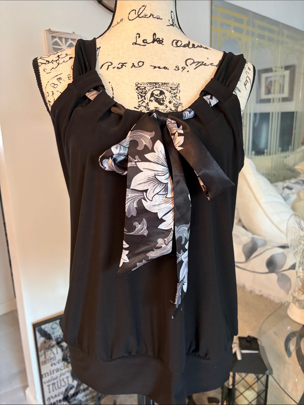 White House Black Market Black Tank Top with Floral Accent Tie